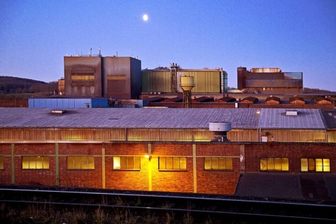 Deutsche Edelstahlwerke in the blue hour with moon, Witten, Ruhr area, North Rhine-Westphalia,