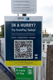 ScanPay Today Apcoa Parking QR code sign, Pewsey railway station, Wiltshire, England, UK