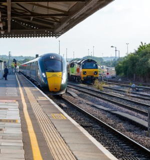GWR British Rail Class 800 Inter City Express train arriving at platform, Westbury, Wiltshire,