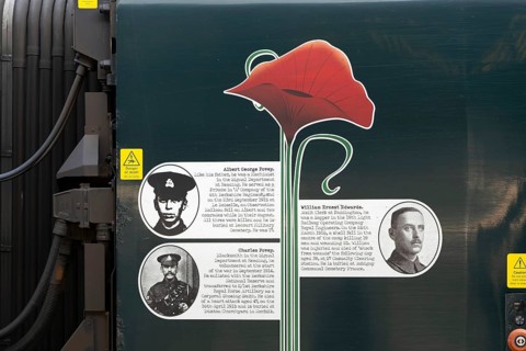 First World War remembrance staff biographies on side of Great Western Railway train, England, UK