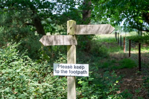 Please Keep to Footpath sign, public footpath signs, Sutton, Suffolk, England, UK