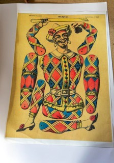 Vintage French colour print Arlequin or Harlequin, Imagerie Pellerin cut-out paper doll figure, c