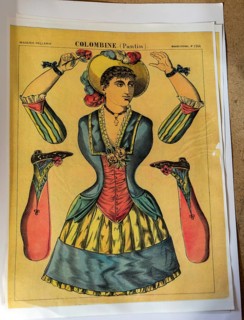 Vintage French colour print poster Colombine Pantin, Imagerie Pellerin, paper cut out doll figure c