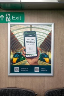 GWR train poster for ticket App using Google Pay, onboard Great Western Railway train, England, UK