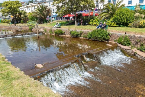 Dawlish Water river flowing through park gardens in town centre, Dawlish, south Devon, England, UK