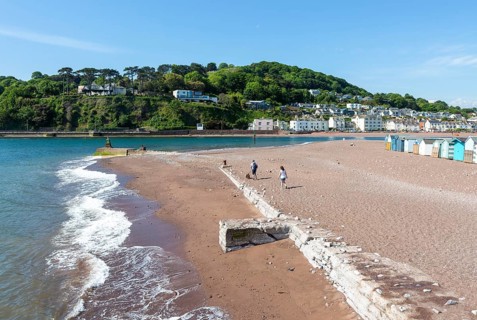 Beach seaside view to River Teign estuary and Shaldon, The Point, Teignmouth, south Devon, England,