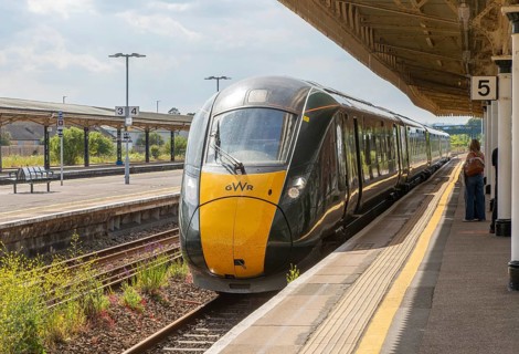 GWR British Rail Class 800 Inter City Express train arriving at platform, Taunton railway station,