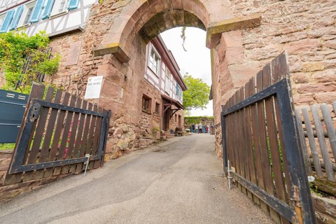 Entrance gate to an alley with traditional stone walls, historical ambience, family festival in