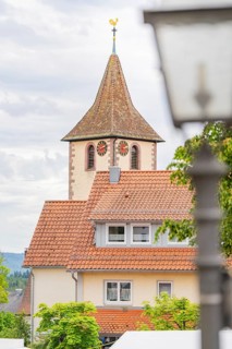 Tower of a church with clock, surrounded by buildings with red roofs and a cloudy sky, family