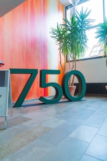 Large number 750 as decoration in front of a colourful wall with bright plants, family party in