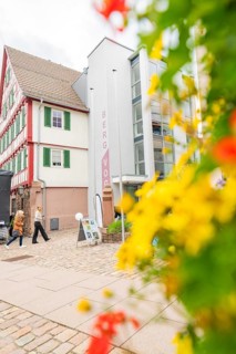 Modern and traditional architecture side by side, colourful flowers in the foreground, family party