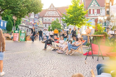 Relaxed people in deckchairs on a sunny day, Calw railway station festival, Black Forest, Germany