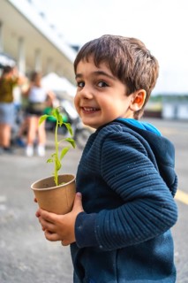 Young boy holding a small plant in a biodegradable pot, symbolizing environmental protection and