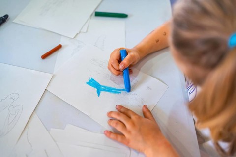 Young girl concentrating intently while drawing with a blue wax crayon on crisp white paper at her