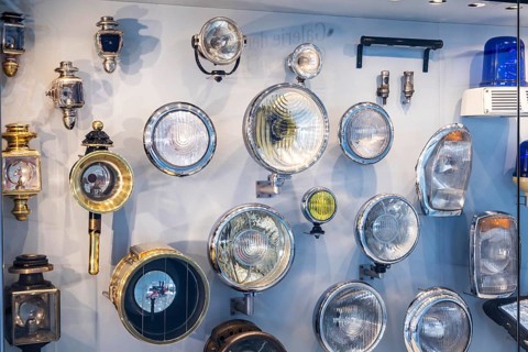 Front lighting, driving lights. The Mercedes-Benz Museum in Stuttgart presents a journey through