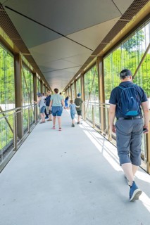 People walk over a modern glass bridge in daylight, Zob extension with bridge construction for the