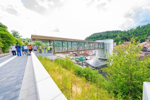 A group of people gather on a bridge overlooking a town, Zob extension with bridge construction for