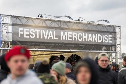 Stand with festival merchandise at the Rock am Ring Festival on Sunday, Nürburgring race track race
