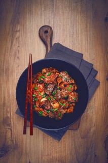 Bulgogi, with mushrooms, with sesame seeds and green onions, Korean cuisine, homemade, no people