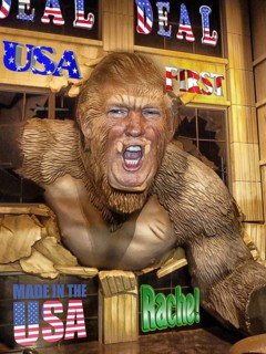 Symbolic image, Trump as KingKong, breaks through the wall for the USA, Bitcoin king, kleptocracy,