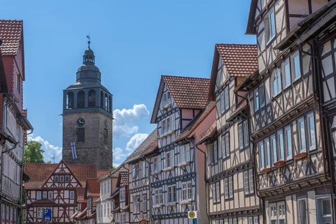 Kirchstrasse with a view of St. Crucis Church, Bad Sooden, Allendorf, Allendorf district, historic