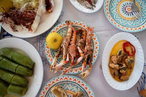 Table set with Greek seafood, Pelion peninsula or Pelion, Thessaly, Greece