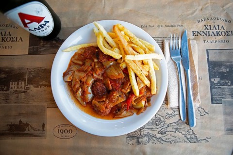 Spetsofai or Pelion sausage with onion and pepper sauce, typical dish from Pelion, Pelion peninsula