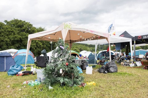 Pavilion with Christmas tree on a campsite at the Rock am Ring Festival on Saturday, Nürburgring