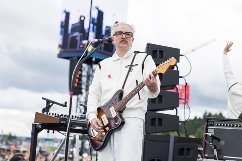 Steffen Israel, guitarist and keyboarder of Kraftklub at a secret gig of the band at the Rock am