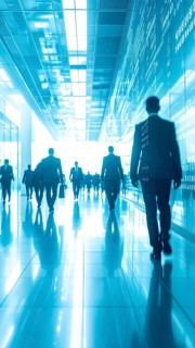 Business, abstract background, blur computer code, silhouette of walking people in a hall, blue