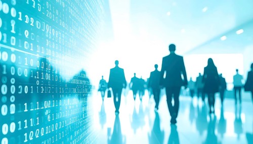 Business, abstract background, blur computer code, silhouette of walking people in a hall, blue