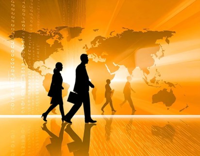 Business, abstract background, blur computer code, silhouette of walking people in a hall, orange