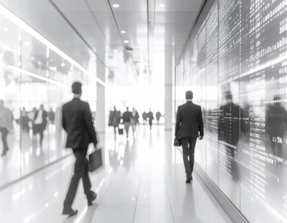 Business, abstract background, blur computer code, silhouettes of walking people, monochromatic