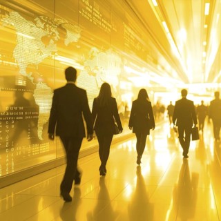 Business, abstract background, blur computer code, silhouette of walking people in a hall, yellow