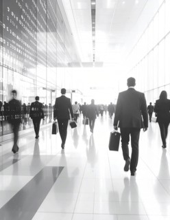 Business, abstract background, blur computer code, silhouettes of walking people, monochromatic