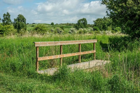 Footbridge over stream in meadow in Ystad, Skåne County, Sweden, Scandinavia