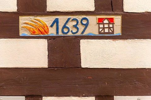 Memorial to the great fire of 1639 on the half-timbered house, Bad Sooden, Allendorf, Allendorf