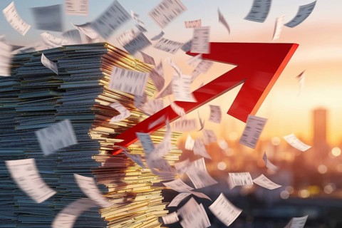 Red arrow crashing through flying financial documents. Concept of economic disruption, market