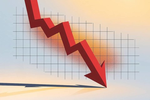 Red arrow crashing downward. Symbol of stock market collapse, financial crisis, and economic