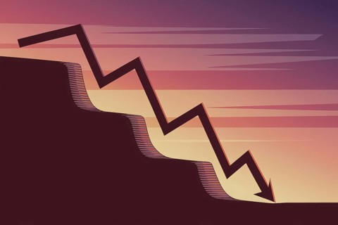Dar red arrow crashing downward. Symbol of stock market collapse, financial crisis, and economic