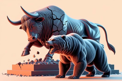 Roaring bear in golden light as bull statue crumbles. Concept of market shift, financial power