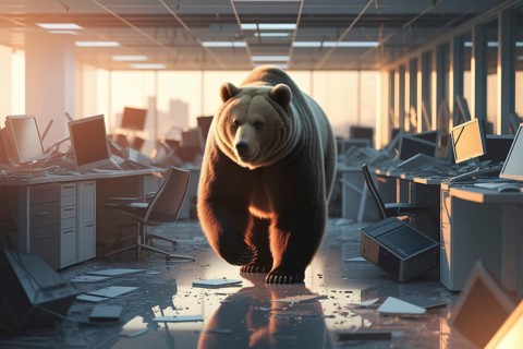 Bear walking through destroyed office in warm light. Concept of financial collapse, bear market