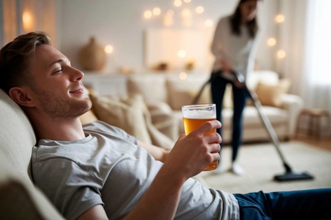 Happy man with beer resting on couch while woman cleans. Mental load and gender imbalance at home.
