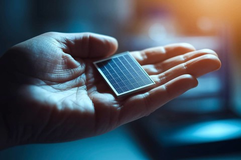 Hand holding micro solar cell in soft lab light. Concept of renewable energy, sustainable