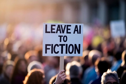Protest sign reading Leave AI to fiction held in crowd during sunset demonstration. Generative ai,