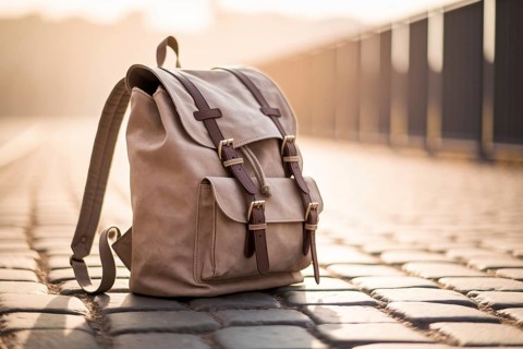 Backpack lying on empty road, symbolizing journey or travel. Generative ai, AI generated