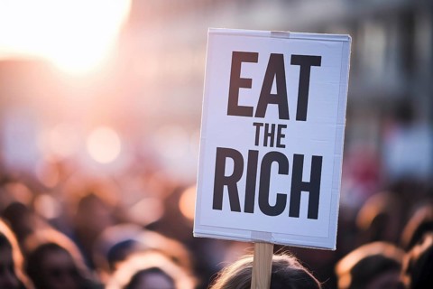 Close up of protest sign with text Eat the rich with blurry crodw of people. Generative AI, AI