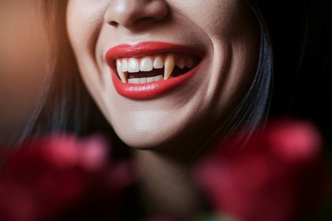 Woman's smiling mouth with red lipstick and long vampire fangs. Generative Ai, AI generated
