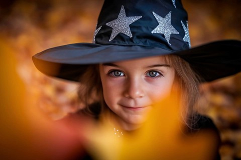 Young cucasian female child in witch costume with autumn leaves. Generative AI, AI generated