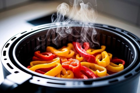 Close up of colorful bell pepper slices steaming in air fryer. Generative Ai, AI generated